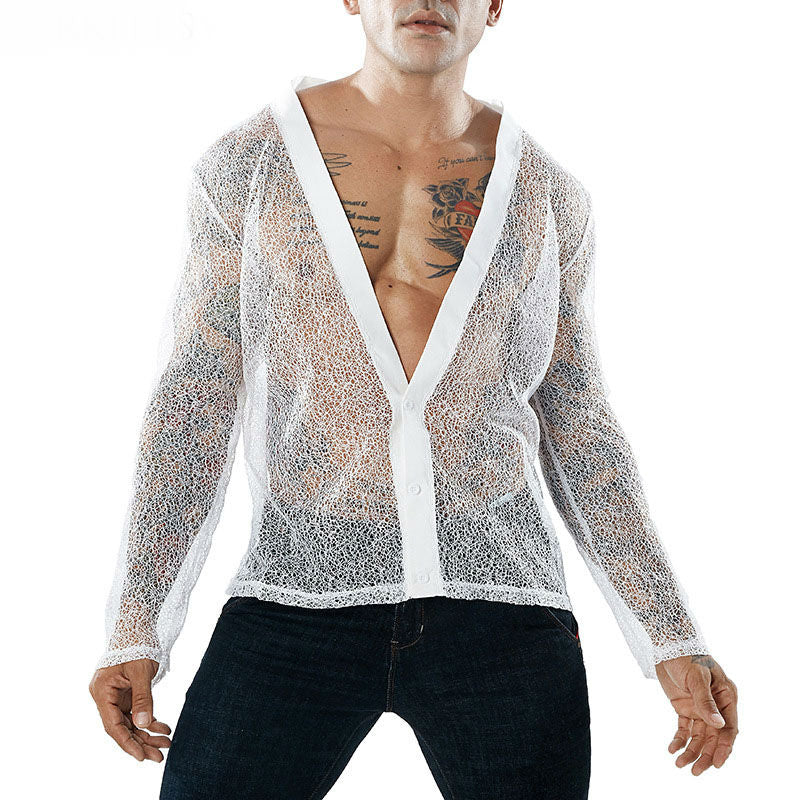 Button Down V Neck See-through Design Men Shirts - FanFreakz