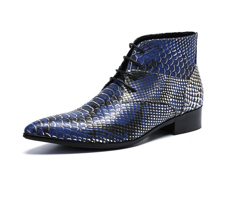 Luxury Pointed Toe Blue Pattern Men Ankle Boots