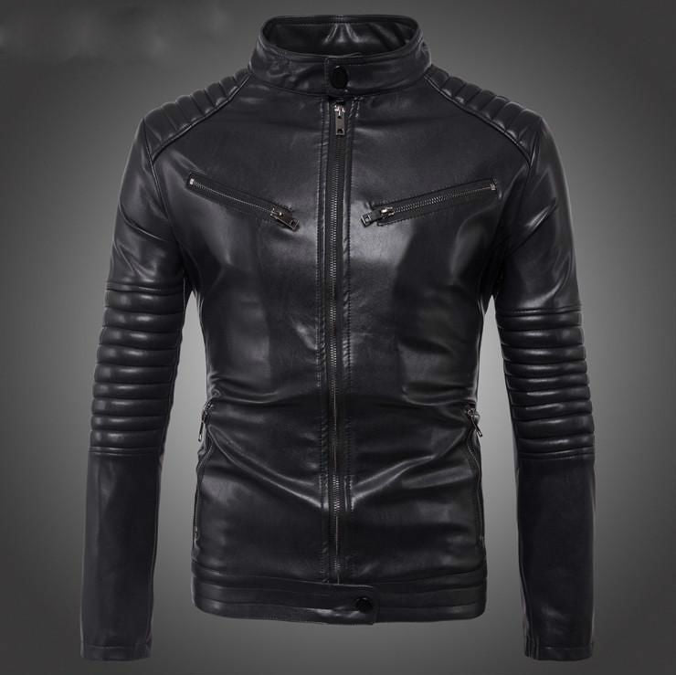 Quilted Shoulder and Sleeves Biker Style Men Pu Leather JAcket