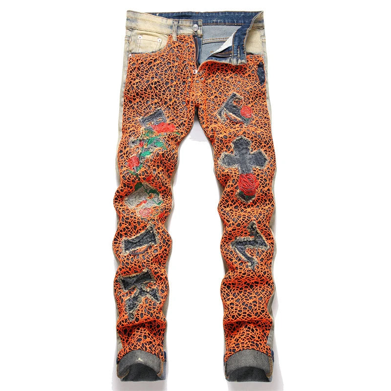 Orange Abstract Patchwork Pencil Jeans