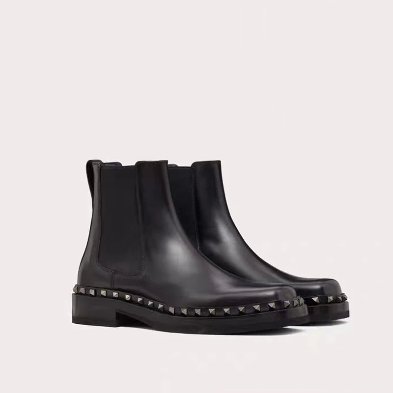 Black Rivet Ankle Square Toe Boots