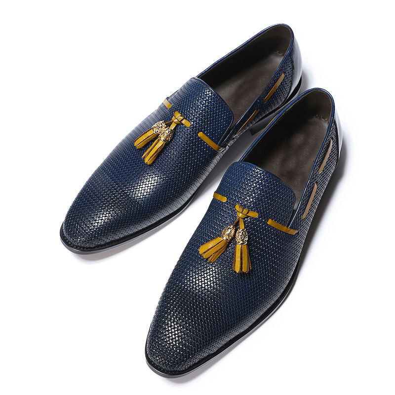 Blue Pattern Men Leather Loafers Shoe with Brown Tassel - FanFreakz