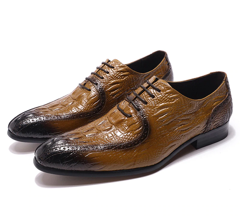 Pointed Toe Black Brown Crocodile Pattern Design Men Shoes