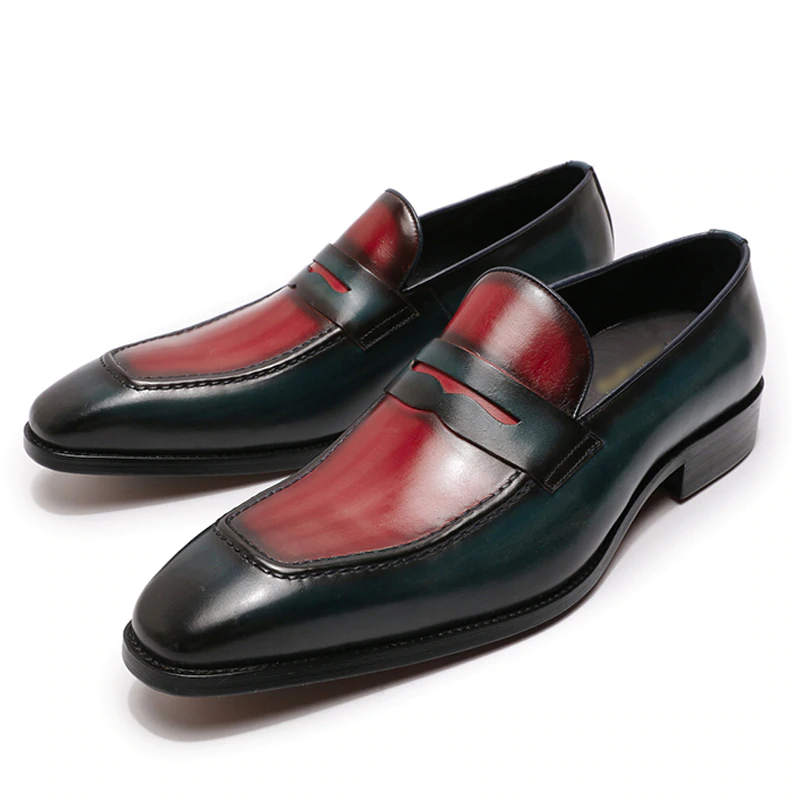 Mens  Loafers Genuine Calf Leather Blue Red Men Dress Shoes Italian