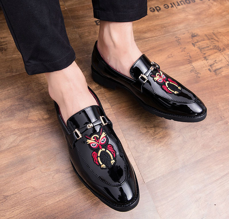 Owl and Lafayette Patch Embroidery Patent Leather Men Shoes