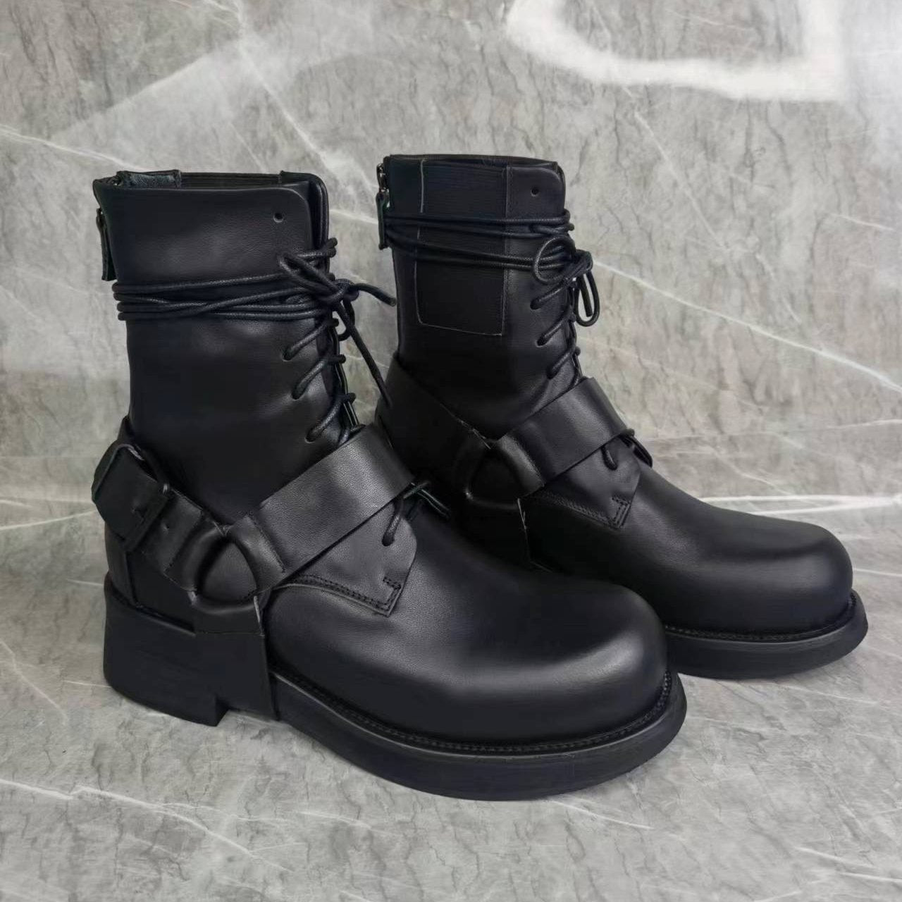 Black Genuine Leather Lace-Up Boots