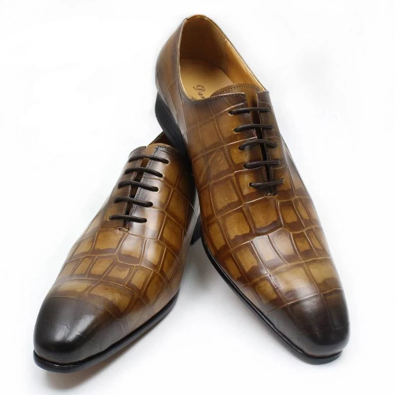 Genuine Leather Crocodile Skin Pattern Pointed Toe Classic Style Men Shoes