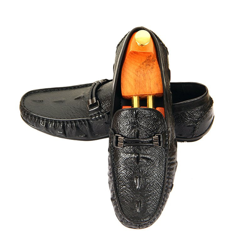 Black Geometric Pattern Slip-On Leather Shoes