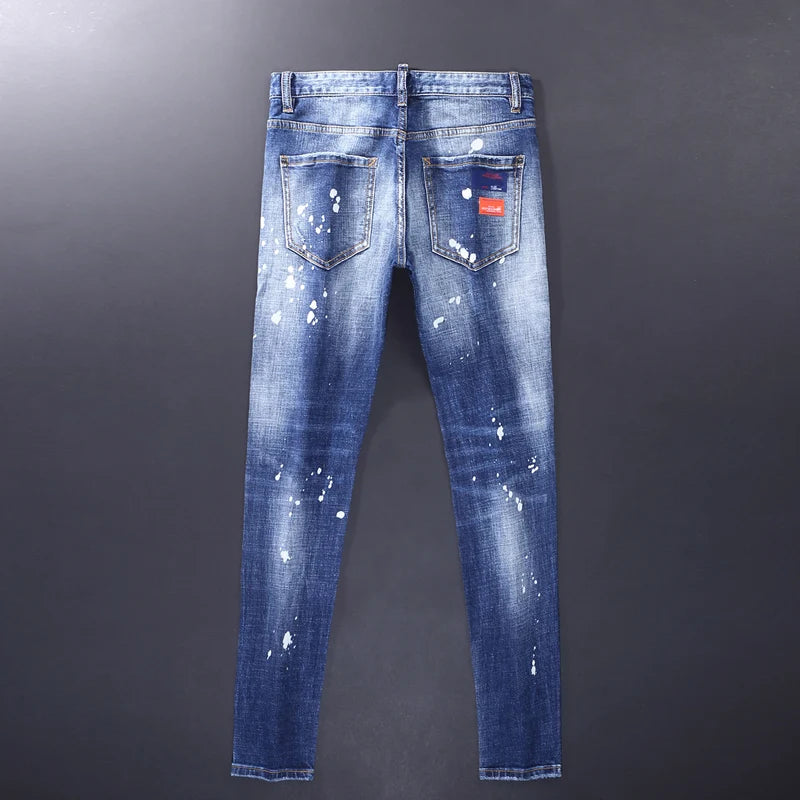 Retro Blue Splash Ink Denim Jeans