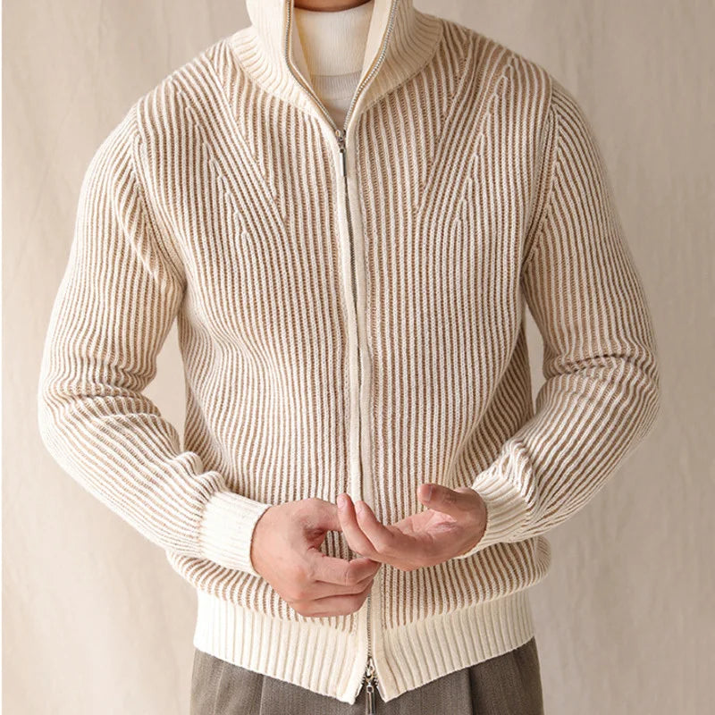 High Neck Double Zippers Warm Knitted Cardigan