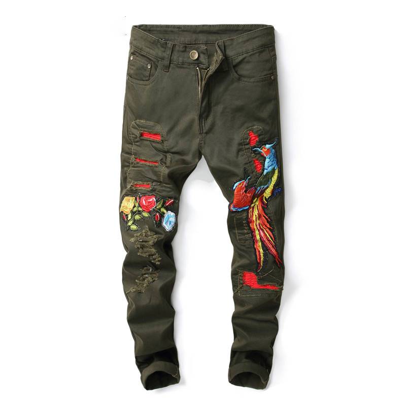 Green with Animal Flower Embroidery Hole Ripped Spliced Casual Style Men Jeans