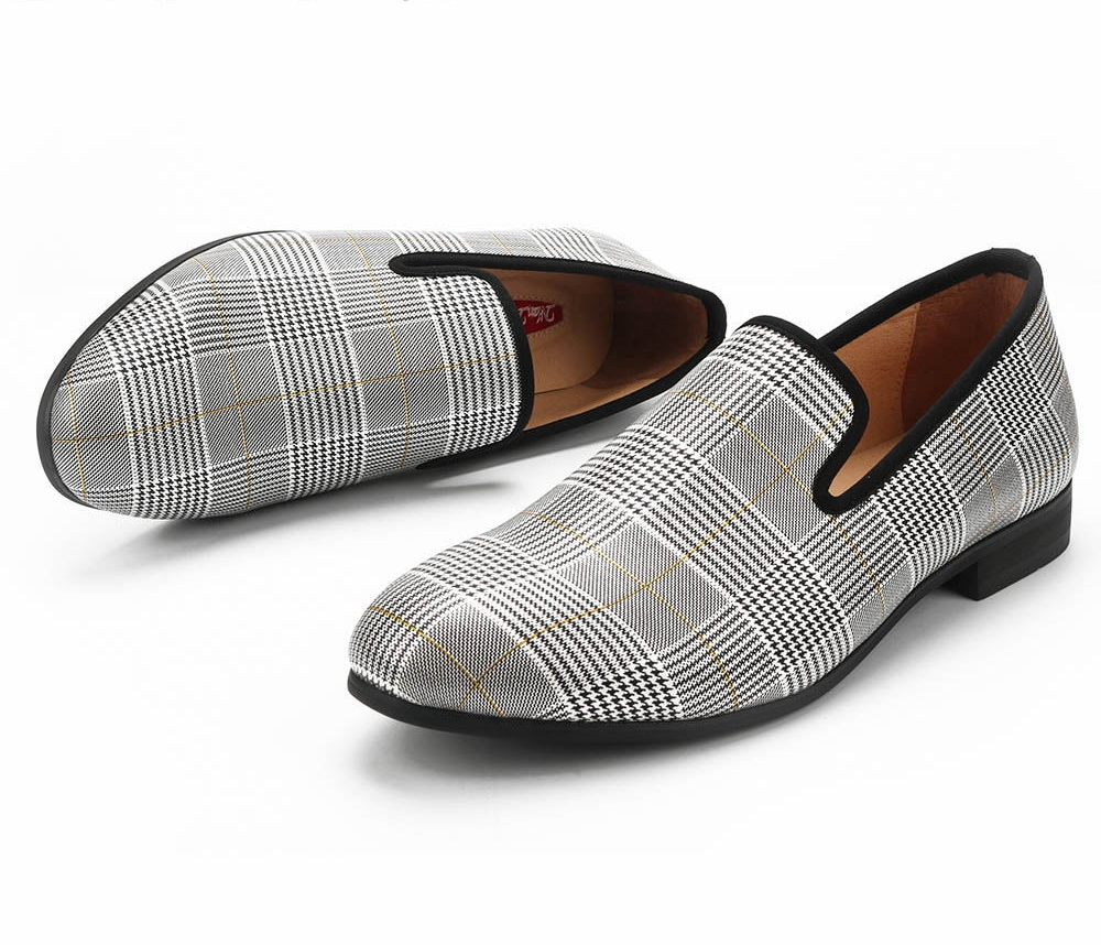 White Grey Chequered Flat Casual Men Loafers Shoes