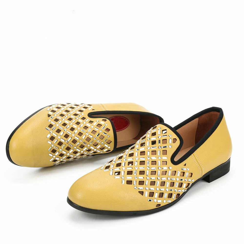 Yellow Hollow with Crystal Sequin Detail Men Loafers Shoes