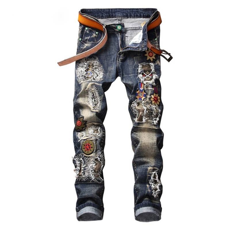 Punk Flower Embroidery Ripped Patchwork Design Men Jeans