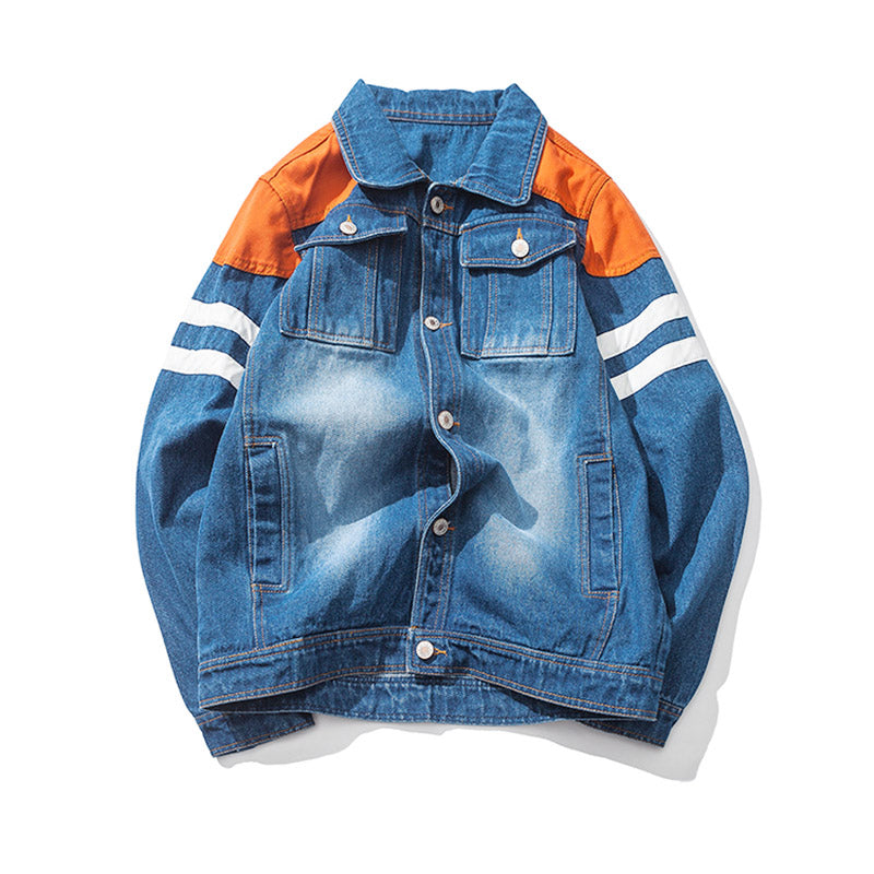 Harajuku Style Men Denim Jacket With Contrast Color Shoulder Patchwork Details - FanFreakz