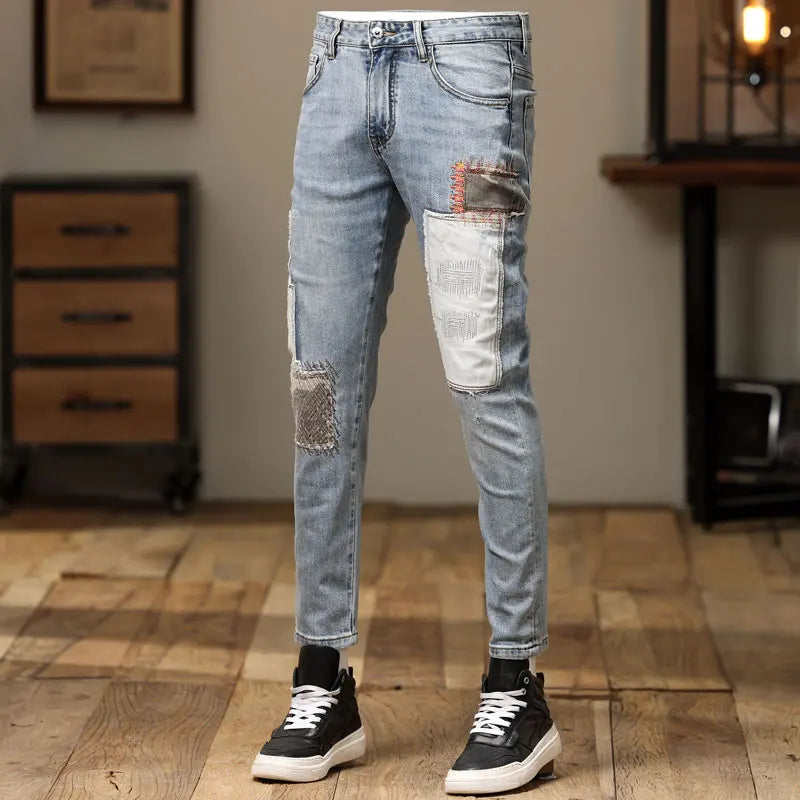 Retro Light Blue Stretch Patchwork Jeans