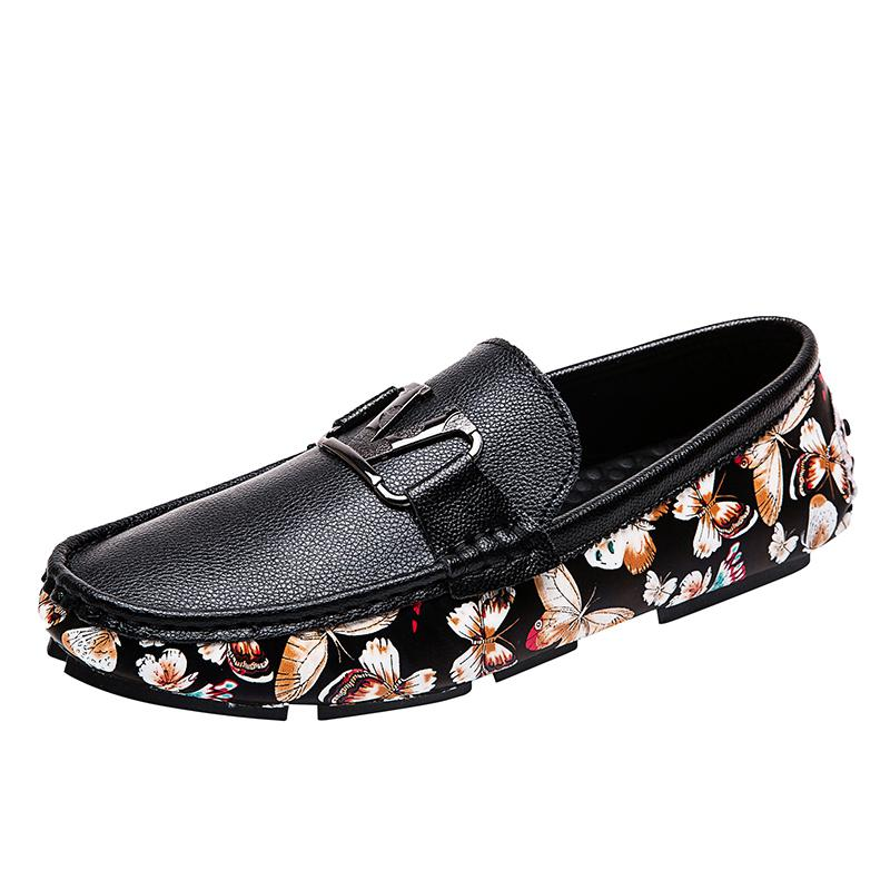 Butterfly Prints Men Leather Metal Buckled Loafers