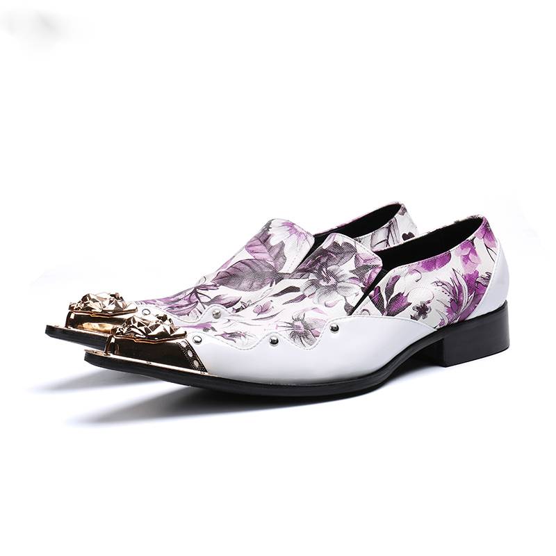 Pointed Metal Tip Toe Floral Print Italy Style Men Shoes