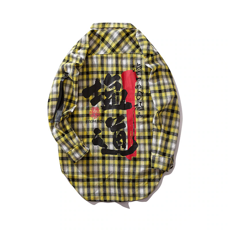 Oversized Plaid Printed Chinese Letters Men Shirt