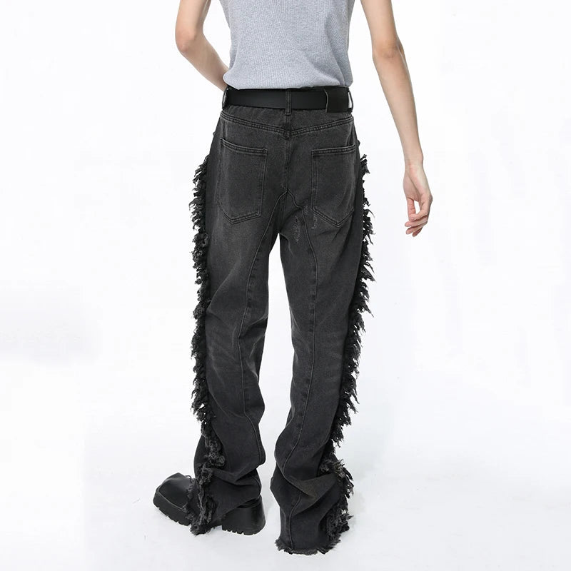 Black Ragged Edge Splicing Denim Jeans