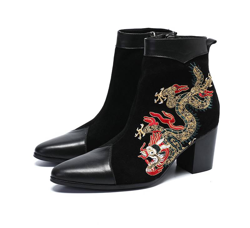 Suede Black with Dragon Embroidery Detail Men Boots