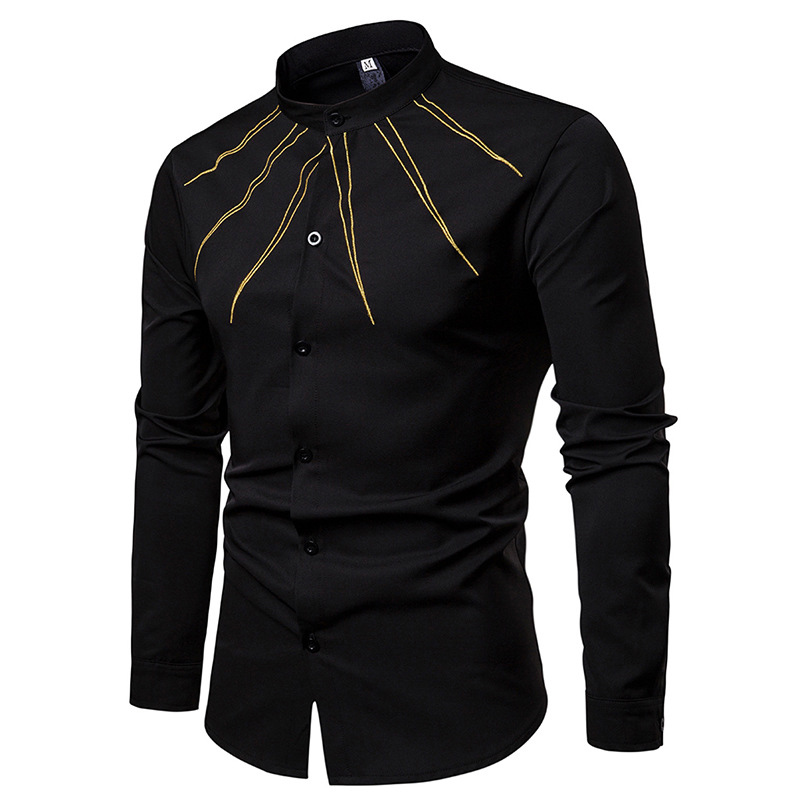 Casual Mandarin Collar with Yellow Stroke Embroidery Men Shirt - FanFreakz