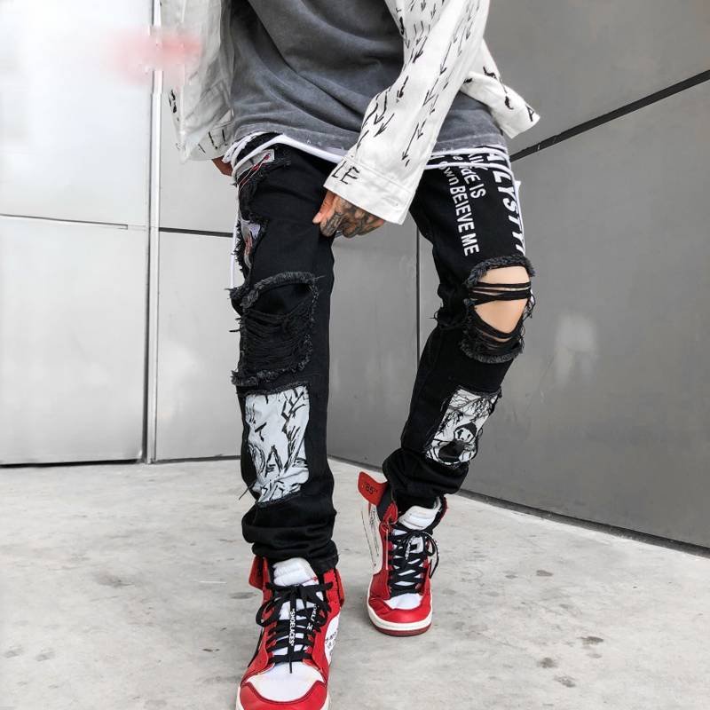 Black Destroyed Ripped with Graffiti Print Streetwear Men Jeans