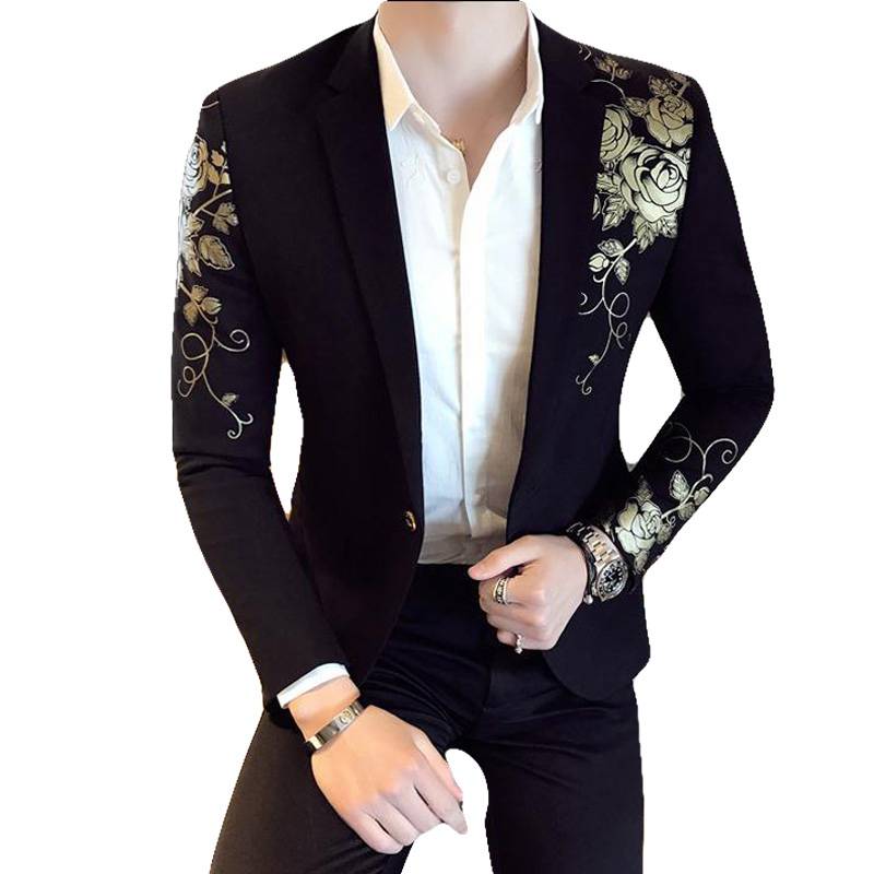 Gold Flower Print in Black One Button Slim Suit Style Men Blazer