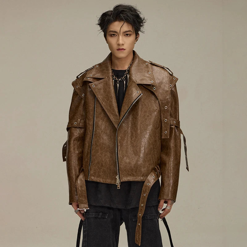 Irregular Cut Notched Collar Leather Jacket