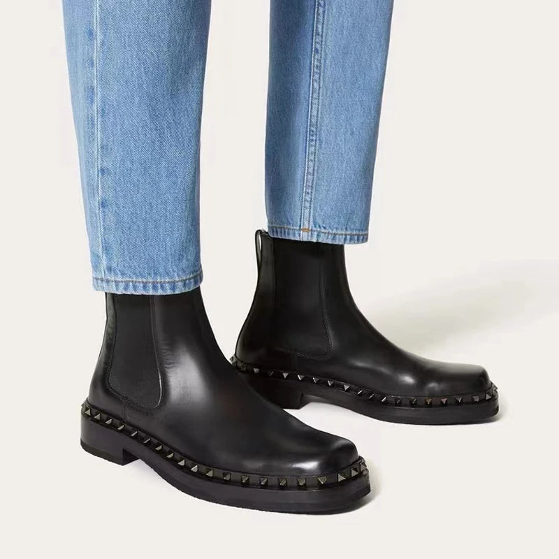 Black Rivet Ankle Square Toe Boots