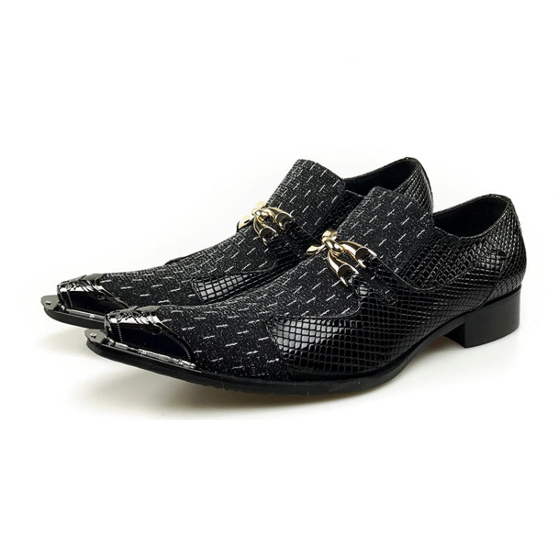 Luxury Pointed Toe Metal and Snake Pattern Patchwork Men Dress Shoes - FanFreakz