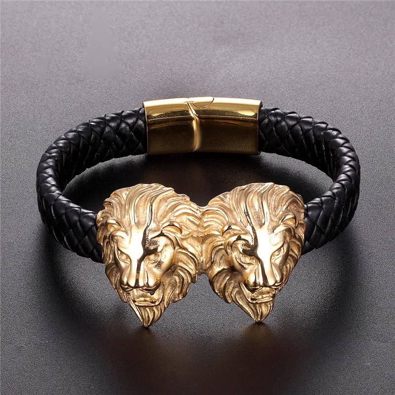 Gold Lion Punk Stainless Steel with Leather Rope Design Men Bracelet