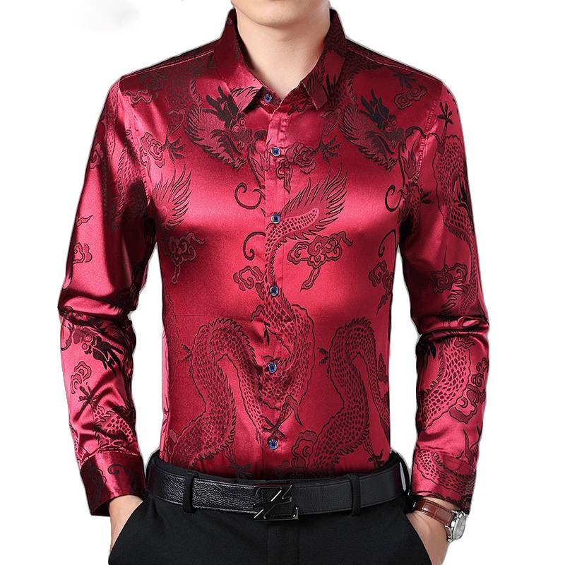 Smooth Silk Satin Chinese Dragon Jacquard Slim Fit Long Sleeve Style Men Shirt