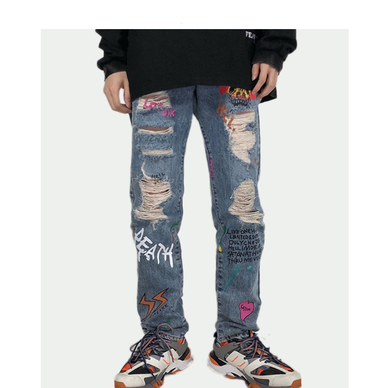 Punk Graffiti Style Printed Men Distressed Jeans