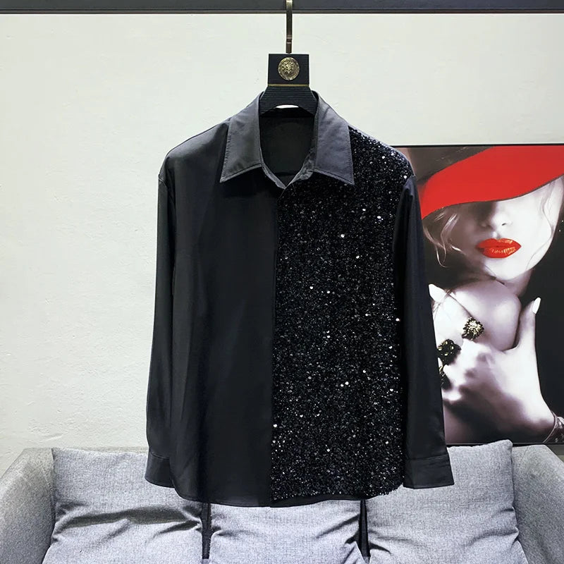 Half Sequin Patchwork Long Sleeve Shirt