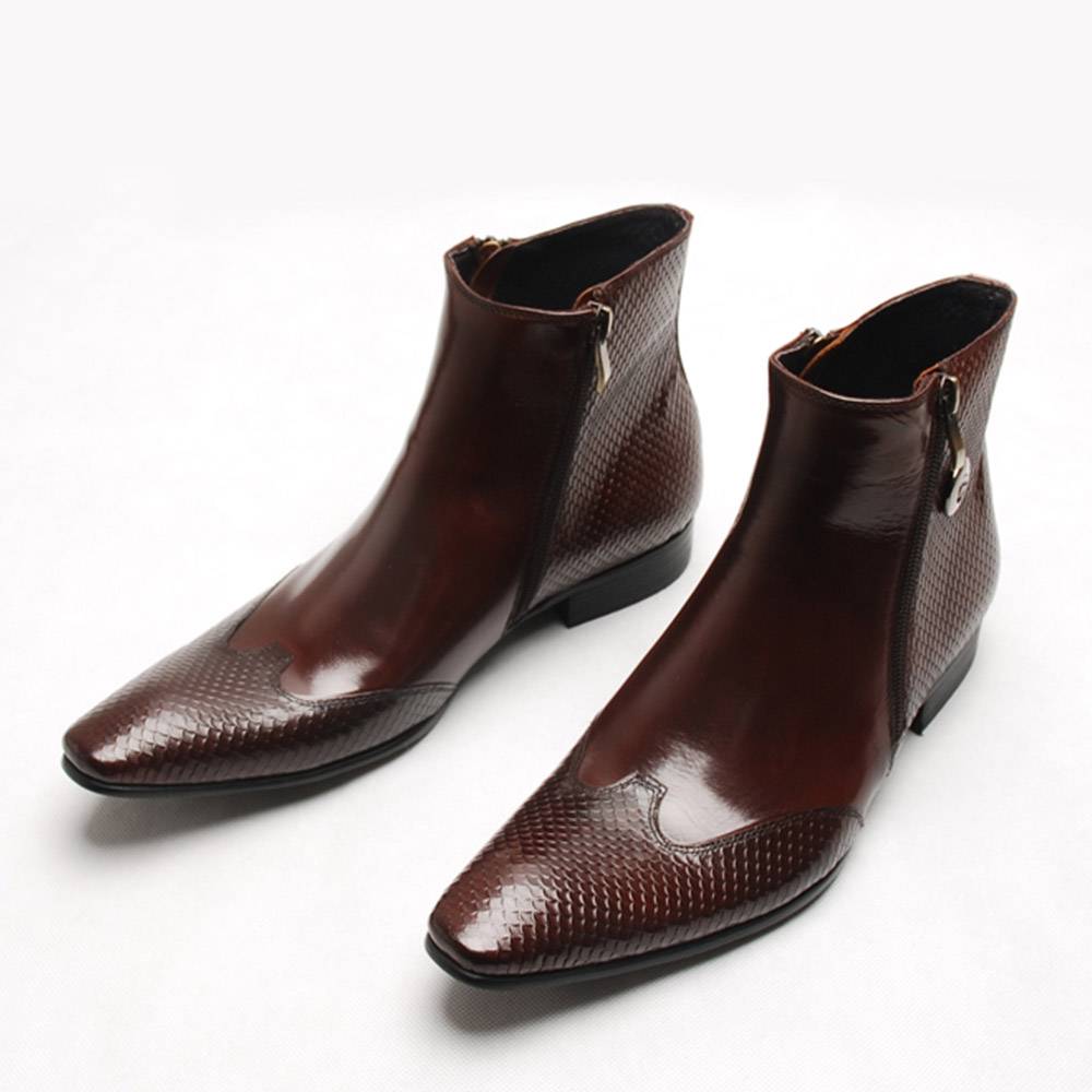 Double Zippers Ankle High Pointed Toe Men Leather Boots