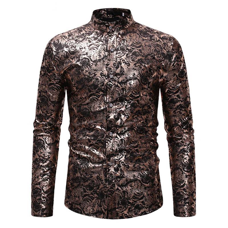 Gold Floral Bronzing Long Sleeve Men Shirt