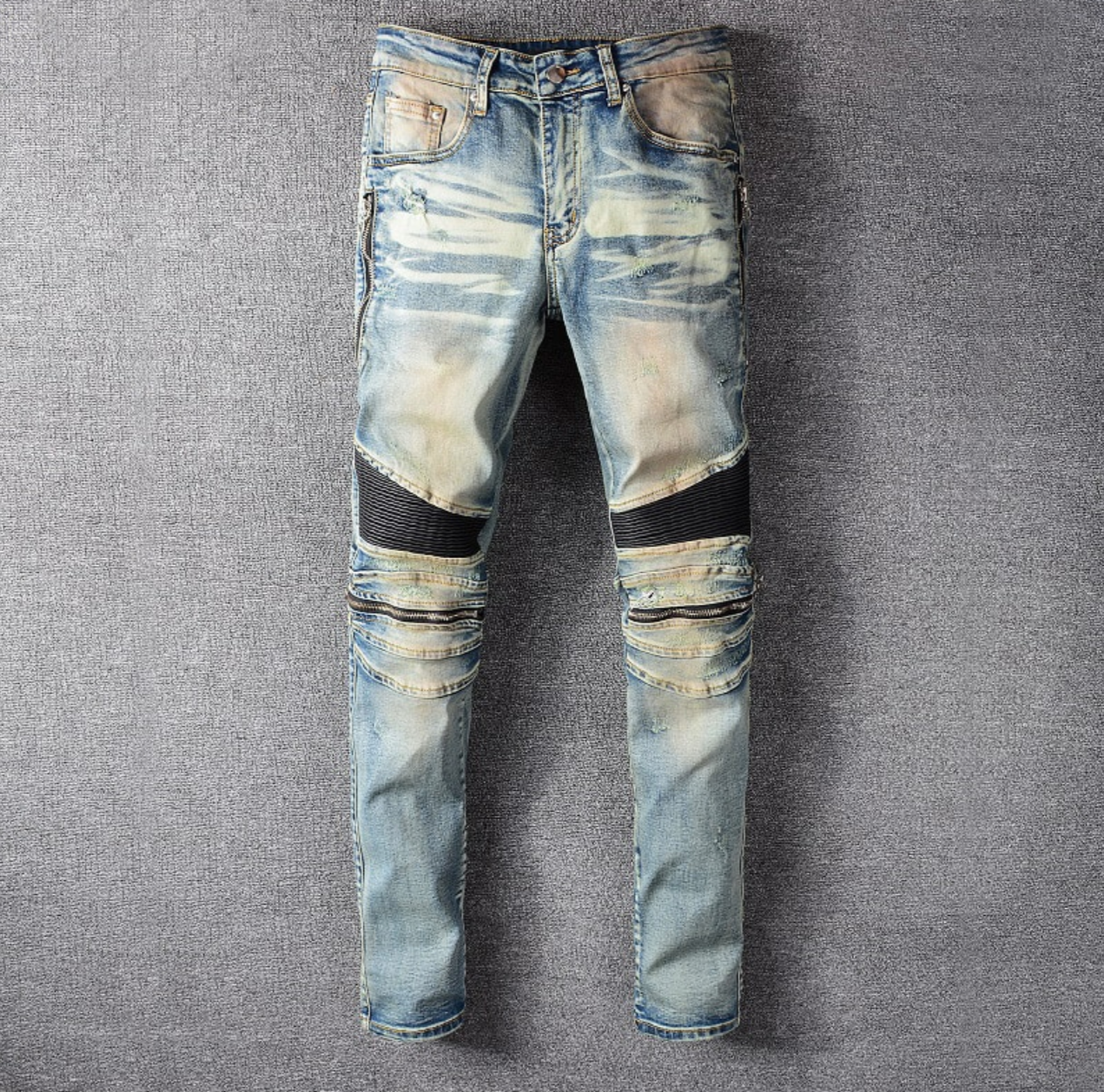 Grey Pleated Biker Patchwork Jeans