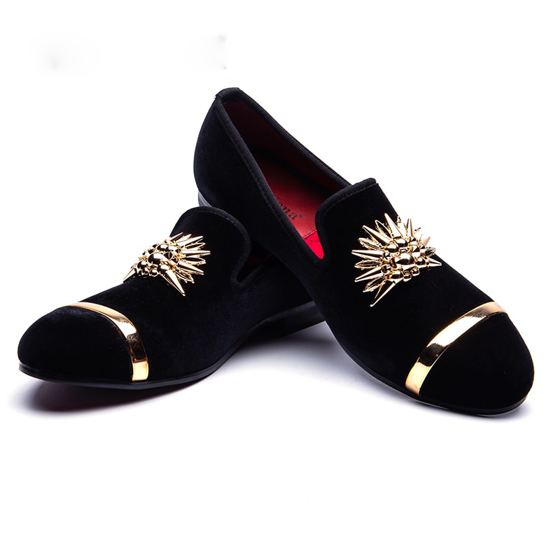 Gold Top and Metal Toe Velvet Design Men Loafers Shoes