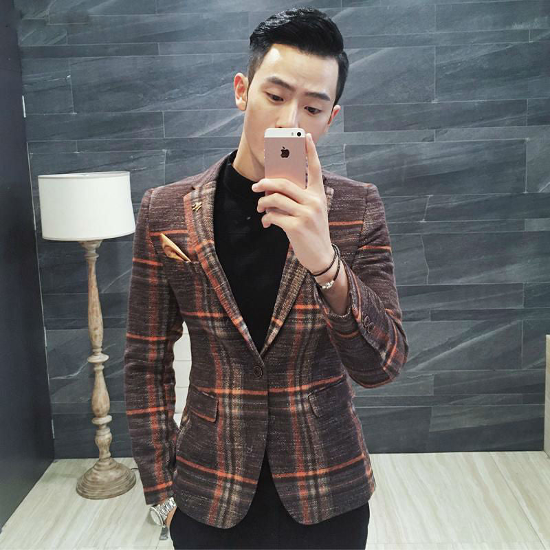 Vintage Plaid Wool Blend Men Slim Fit Smart Casual Blazer