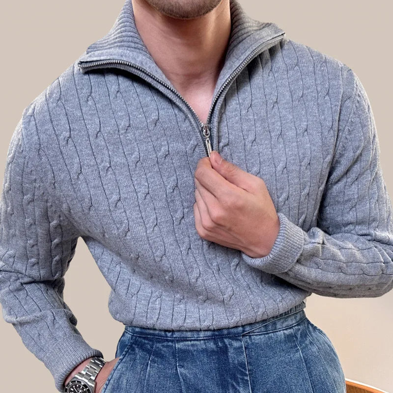 Lapel Zipper Knitted Men Sweater