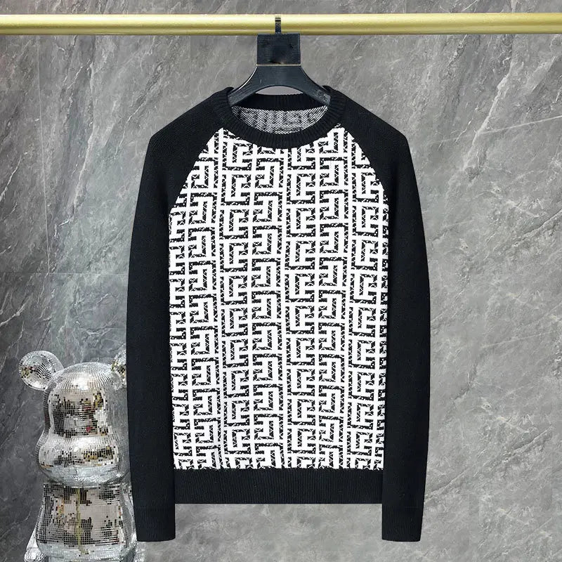 Geometric Black & White O-Neck Sweater