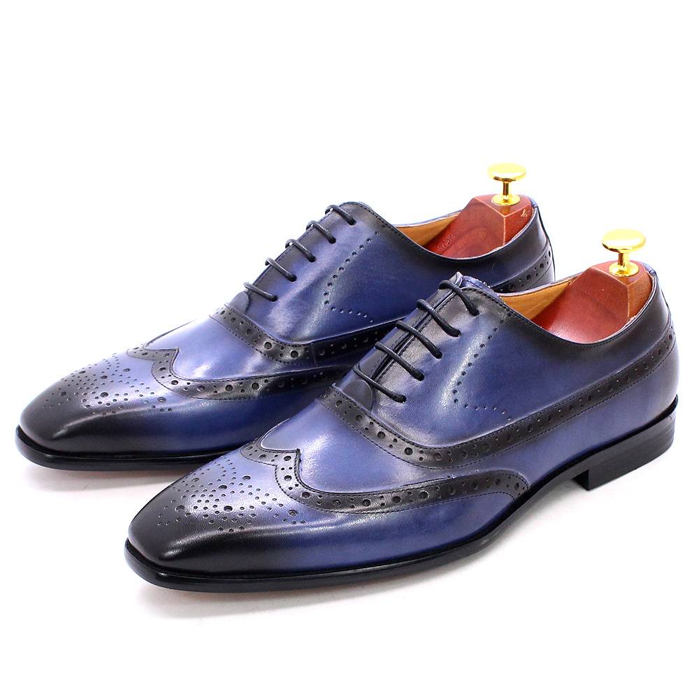 Blue Handmade Lace Up Wingtip Oxford Shoes