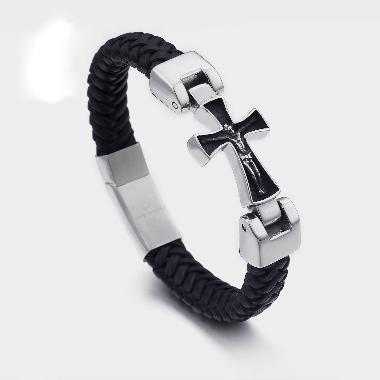 Braided Leather with Cross Stainless Steel Chain Men Bracelets