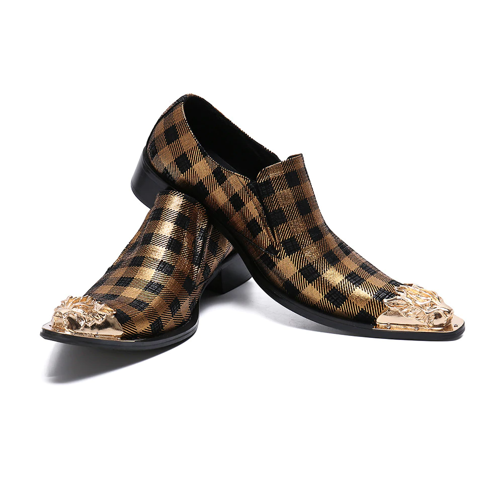 Dragon Metal Toe Men Leather Gold Plaid Shoes