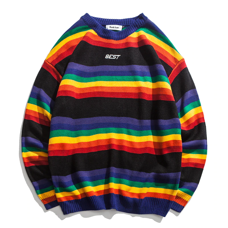 Rainbow Stripe Long Sleeve Pullover Men Sweater