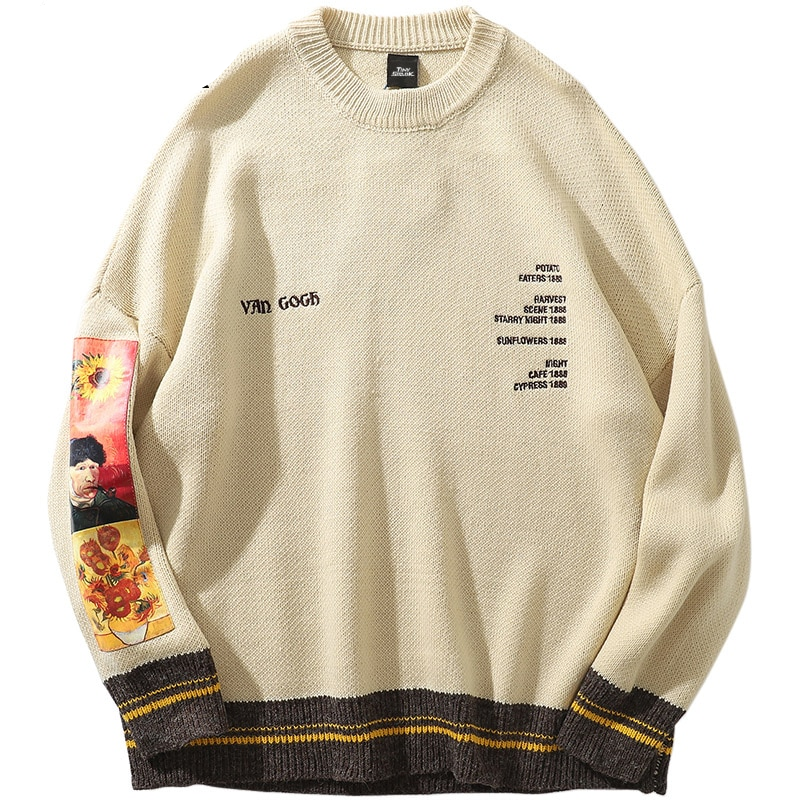 Cream Van Gogh Painting Printed Pullover Sweater