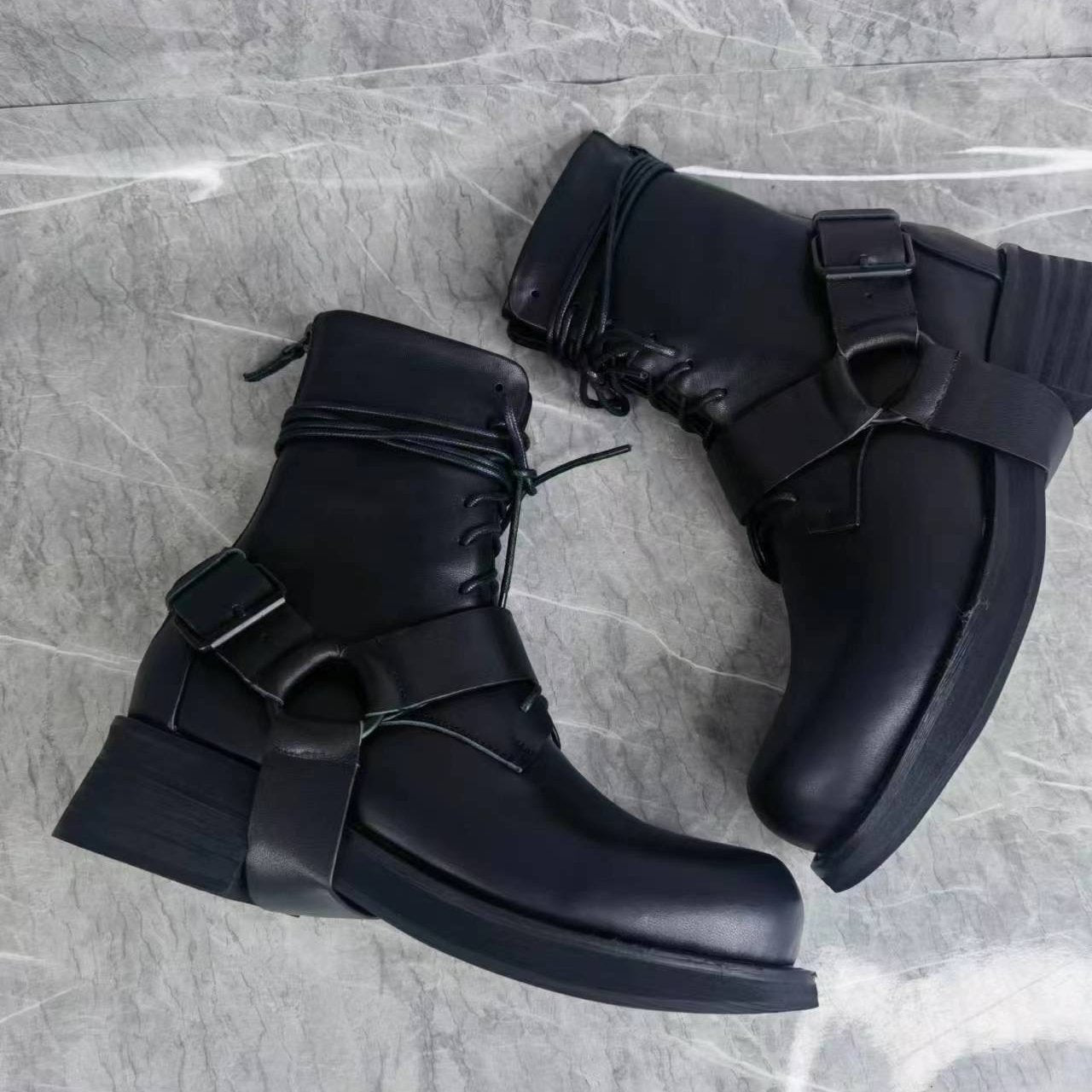 Black Genuine Leather Lace-Up Boots