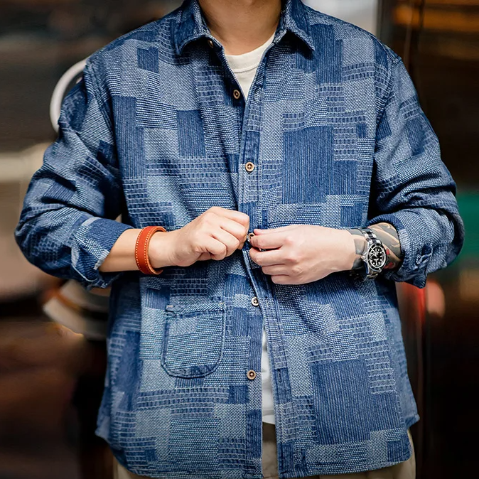 Retro Jacquard Patchwork Denim Shirt