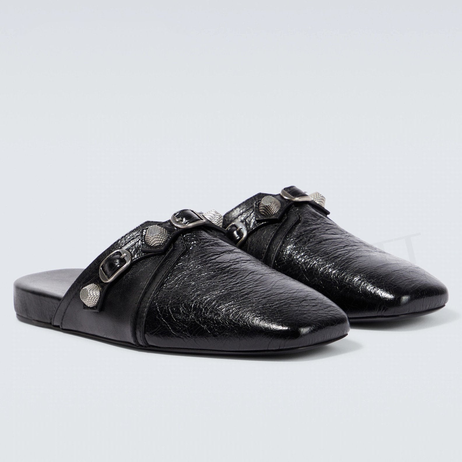 Black Leather Metal Rivet Mules Shoes